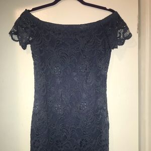Off the shoulder dusty blue mini dress
